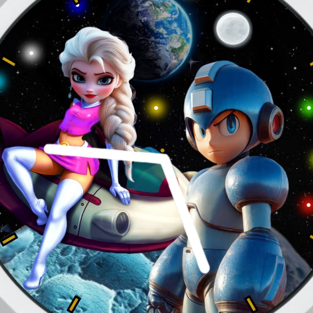 Kids Space Adventure Clock Toy Featuring Blue Robot and Pink Heroine